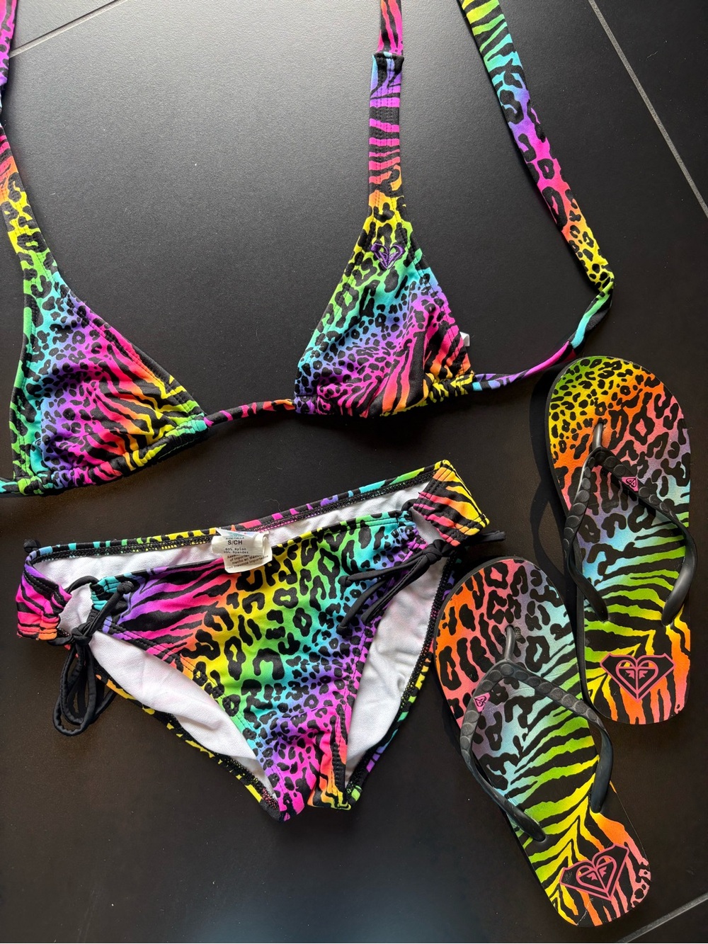 Y2K Roxy Multicolor Neon Animal Print Bikini Set - Picture 3 of 4